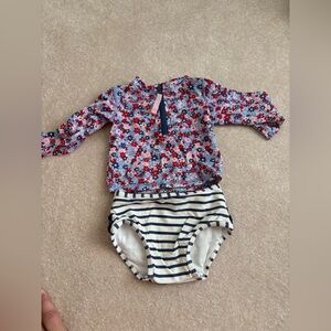 Ruffle Butts Floral Rash Guard Top & Navy Striped Swim Bottoms